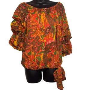CeCe Off the Shoulder Blouse Ruffle Sleeve Orange Aztec Print Women’s Size Large